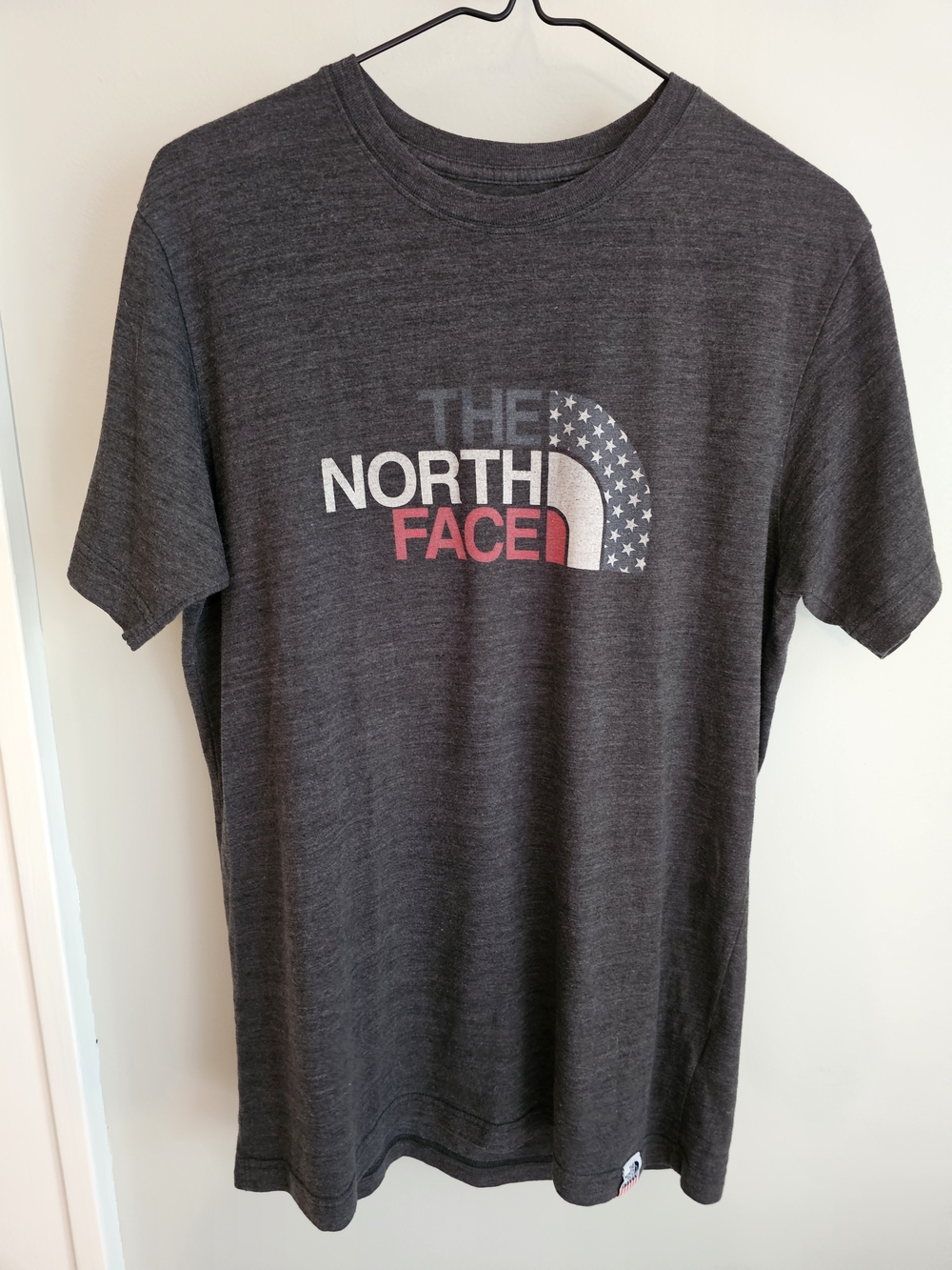 The North Face Men's Dark Charcoal Short Sleeve Logo Tee with Flag Accent